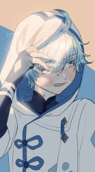 Rule 34 | 1boy, ahoge, bandaged arm, bandages, blue eyes, blue hair, blush, chinese clothes, chongyun (genshin impact), embarrassed, fingerless gloves, frown, genshin impact, gloves, hand on headwear, hand up, highres, hood, hood up, kumonon (8f2k3), light rays, looking away, looking to the side, male focus, narrowed eyes, open mouth, short hair, solo, sweat, thick eyebrows