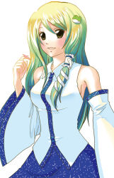 Rule 34 | 1girl, blue skirt, blush, breasts, brown eyes, collared shirt, detached sleeves, frog hair ornament, hair between eyes, hair ornament, highres, kochiya sanae, long hair, looking at viewer, medium breasts, nyancom, parted lips, shirt, simple background, skirt, sleeveless, sleeveless shirt, smile, solo, touhou, upper body, white background