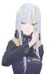 Rule 34 | 1girl, absurdres, blood, blood on face, blue hair, closed mouth, cross, finger to face, girls&#039; frontline, green eyes, hair between eyes, highres, hk416 (girls&#039; frontline), long hair, looking at viewer, military, military uniform, no gloves, one eye closed, solo, uniform, white background, yueyue no hand