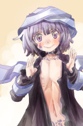 Rule 34 | 1girl, choker, eyebrows, flat chest, light purple hair, open clothes, open shirt, original, personification, purple eyes, ribs, scroll, shirt, short hair, smile, solo, sorcerer&#039;s sutra scroll, tattoo, touhou, upper body, yohane
