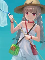 Rule 34 | 1girl, bad id, bad pixiv id, bag, bare shoulders, black bow, blue background, bow, braid, brown hat, butterfly net, closed mouth, collar, commentary request, dress, grey hair, hair bow, hand net, handbag, hands up, hat, highres, holding, insect cage, long hair, looking at viewer, makaino ririmu, makaino ririmu (3rd costume), multicolored hair, nijisanji, pointy ears, red collar, red eyes, red hair, shoulder bag, simple background, sleeveless, sleeveless dress, smile, solo, strap slip, straw hat, streaked hair, suketoudara (artist), twin braids, twintails, very long hair, virtual youtuber, white dress