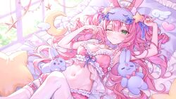 Rule 34 | 1girl, alllisso, artist name, bow, breasts, choker, crescent, crescent necklace, crescent pillow, dreamy etude, green eyes, hair ornament, halo, highres, indie virtual youtuber, jewelry, long hair, lying, navel, necklace, on back, one eye closed, pillow, pink bow, pink hair, purple bow, purple choker, purple ribbon, ribbon, sleep mask, solo, star-shaped pillow, star (symbol), star choker, star hair ornament, stuffed toy, thigh strap, thighhighs, virtual youtuber, white thighhighs, window