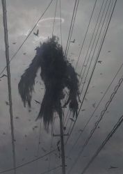 Rule 34 | bird, crow, demon, floating, fracoco, halo, highres, horror (theme), no humans, original, outdoors, overcast, power lines, realistic, signature, sky, utility pole