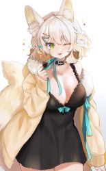 Rule 34 | 1girl, :3, ;), animal, animal ear fluff, animal ears, animal on shoulder, bad id, bad twitter id, bare shoulders, belt collar, black dress, blue bow, blue ribbon, blush, bow, breasts, cleavage, collar, collarbone, commentary, cowboy shot, dress, fang, fur-trimmed sweater, fur trim, green eyes, guinea pig, hair ornament, hairclip, heart, highres, holding, holding ribbon, large breasts, large tail, long sleeves, looking at viewer, medium hair, mid (gameshe), mole, mole on breast, mole under eye, nail polish, off-shoulder sweater, off shoulder, on head, one eye closed, open mouth, original, ribbed legwear, ribbon, silver hair, simple background, sleeves past wrists, slit pupils, smile, solo focus, sparkle, standing, sweater, tail, thick eyebrows, wavy hair, white background, white legwear, yellow sweater