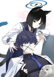 Rule 34 | 1boy, 1girl, absurdres, animal, animal ears, bakaking, black eyes, black hair, black sailor collar, black shirt, blue archive, blue necktie, cat&#039;s cradle, cat ears, cat tail, closed mouth, collared shirt, highres, kikyou (blue archive), long sleeves, multiple tails, necktie, sailor collar, school uniform, seal (animal), sensei (blue archive), serafuku, shirt, short hair, simple background, tail, two tails, white background