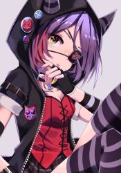 Rule 34 | 1girl, absurdres, black jacket, black skirt, blue nails, breasts, brown eyes, cleavage, eyelashes, eyepatch, fang, fingerless gloves, gloves, grey background, hayasaka mirei, heart, heart print, highres, hood, hood up, hooded jacket, idolmaster, idolmaster cinderella girls, jacket, looking at viewer, mek number, miniskirt, multicolored hair, multicolored nails, nail polish, open clothes, open jacket, plaid, plaid skirt, pleated skirt, purple hair, purple thighhighs, red hair, red shirt, shirt, short hair, simple background, sitting, skirt, small breasts, solo, striped clothes, striped thighhighs, thighhighs, two-tone hair, unzipped, yellow nails