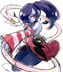Rule 34 | 1girl, bare shoulders, blue hair, blue skin, breasts, colored skin, commentary request, detached collar, detached sleeves, eyelashes, hair over one eye, half-closed eyes, leviathan (skullgirls), long hair, long skirt, looking at viewer, notoro, red eyes, side ponytail, skirt, skull, skullgirls, squigly (skullgirls), stitched mouth, stitches, striped, striped sleeves, white background, zombie