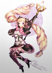 Rule 34 | 1girl, black gloves, blonde hair, boots, bow, character name, copyright name, dress, elise (fire emblem), fire emblem, fire emblem fates, flower, gloves, hair bow, hand on own cheek, hand on own face, heart, high heel boots, high heels, multicolored hair, namie-kun, nintendo, one eye closed, purple eyes, purple hair, rose, smile, solo, staff, streaked hair, thigh boots, thighhighs, twintails
