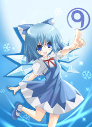 Rule 34 | 1girl, blue eyes, blue hair, blue theme, bow, circled 9, cirno, dress, fang, hair bow, ice, ice wings, marionette (excle), mary janes, matching hair/eyes, open mouth, shoes, short hair, smile, snowflakes, socks, solo, touhou, white socks, wings