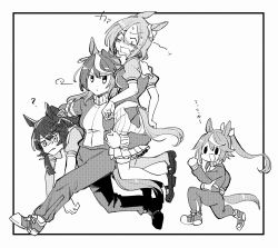 Rule 34 | 4girls, ?, air groove (umamusume), animal ears, blush, bow, carrying, carrying under arm, ear bow, greyscale, high ponytail, highres, horse ears, horse girl, long hair, monochrome, mouth hold, multicolored hair, multiple girls, narita brian (umamusume), pleated skirt, running, school uniform, shoes, skirt, sneakers, solid oval eyes, stalk in mouth, symboli rudolf (umamusume), tokai teio (umamusume), tracen school uniform, track suit, turtleneck, umamusume