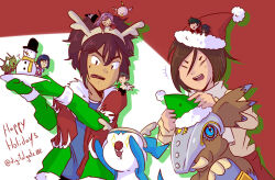 armor bakumon bearmon blue_eyes chibimon christmas digimon digimon_adventure_02 digimon_adventure_tri. hat hida_iori highres himekawa_maki horns ichijouji_ken inoue_miyako nishijima_daigo poromon short_hair upamon wings wormmon