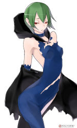 Rule 34 | 1girl, arm warmers, bare shoulders, black cape, blue dress, breasts, caladrius, cape, choker, dress, eleanor riegl, green hair, highres, hood, official art, red eyes, simple background, small breasts, solo, thighhighs, torn clothes, torn dress, yasuda suzuhito
