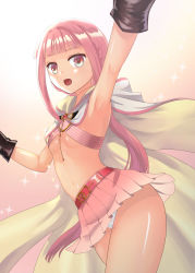 Rule 34 | 1girl, absurdres, arm up, armpits, belt, black gloves, blunt bangs, breasts, cloak, gloves, highres, hood, kakukau, long hair, magia record: mahou shoujo madoka magica gaiden, mahou shoujo madoka magica, miniskirt, navel, open mouth, outstretched arm, panties, pink background, pink eyes, pink hair, pink skirt, ponytail, simple background, skirt, small breasts, solo, tamaki iroha, thighs, underwear, white cloak, white panties