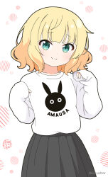 Rule 34 | 1girl, animal print, blonde hair, closed mouth, clothes writing, commentary request, gochuumon wa usagi desu ka?, green eyes, grey skirt, hands up, kirima syaro, long sleeves, looking at viewer, mitya, pleated skirt, puffy long sleeves, puffy sleeves, rabbit print, romaji text, shirt, simple background, skirt, sleeves past wrists, smile, solo, striped, twitter username, white background, white shirt