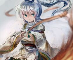Rule 34 | 1girl, blue eyes, blue hat, coat, commentary request, cowboy shot, fire, flat chest, grey hair, hat, highres, japanese clothes, kariginu, long hair, long sleeves, looking at viewer, medium bangs, mononobe no futo, neck ribbon, open mouth, pom pom (clothes), purple ribbon, red sash, ribbon, ribbon-trimmed sleeves, ribbon trim, sash, sensi tobikage, shaded face, solo, tate eboshi, touhou, v-shaped eyebrows, white coat, wide sleeves