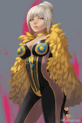 Rule 34 | 1girl, bad hands, black gloves, blade &amp; soul, blue eyes, breasts, cleavage, artistic error, feather trim, gloves, grey background, highres, looking at viewer, medium breasts, samanae, solo, standing, star (symbol), twitter username, white hair, yellow neckwear, yun (blade &amp; soul)