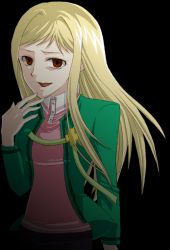 Rule 34 | 00s, 1girl, bad anatomy, bad proportions, black background, blonde hair, collared shirt, female focus, finger to mouth, higurashi no naku koro ni, jacket, long hair, looking at viewer, open clothes, open jacket, open mouth, parted bangs, pink shirt, poorly drawn, red eyes, shaded face, shirt, simple background, smile, solo, takano miyo, upper body