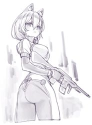 Rule 34 | 1girl, android, animal ears, ass, blush, breasts, cat ears, extra ears, gun, hair between eyes, highres, hololive, jacket, large breasts, mechanical arms, mechanical legs, medium breasts, monochrome, no eyewear, nosir onadat, roboco-san, roboco-san (1st costume), short hair, short sleeves, solo, standing, virtual youtuber, weapon