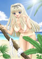 Rule 34 | 1girl, beach, bikini, blonde hair, blue eyes, blush, breasts, convenient censoring, covering privates, female focus, kusugawa sasara, large breasts, long hair, nature, nipples, nude, nude cover, outdoors, plant, sky, smile, solo, swimsuit, tan, tanline, to heart (series), to heart 2