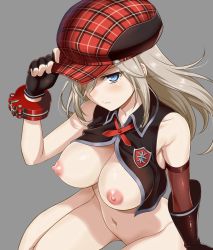 Rule 34 | 10s, 1girl, adjusting clothes, adjusting headwear, alisa ilinichina amiella, bare legs, black gloves, blue eyes, blush, bottomless, breasts, female focus, fingerless gloves, gloves, god eater, god eater burst, hat, large breasts, long hair, looking at viewer, navel, nipples, puffy nipples, simple background, sitting, skirt, solo, taturouxs, thighhighs, wariza