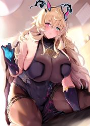 Rule 34 | 1girl, abs, absurdres, armor, bare shoulders, black dress, black gloves, blonde hair, blue gk, breasts, brown pantyhose, chain, dress, elbow gloves, barghest (fate), barghest (second ascension) (fate), fate/grand order, fate (series), gauntlets, gloves, green eyes, heterochromia, highres, horns, kneeling, large breasts, long hair, looking at viewer, pantyhose, pauldrons, pelvic curtain, red eyes, shoulder armor, sideboob, single gauntlet, single pauldron, solo, thighs