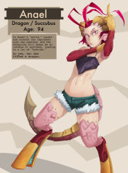 Rule 34 | 1girl, anael (bankage), antenna hair, bad deviantart id, bad id, bankage, character profile, cutoffs, demon girl, demon horns, denim, denim shorts, english text, eyebrows, flat chest, full body, hooves, horns, middle finger, midriff, navel, original, pointy ears, red eyes, red hair, scales, short hair, short shorts, shorts, solo, standing, tail