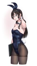 Rule 34 | 1girl, alternate costume, animal ears, black-framed eyewear, black hair, black leotard, black pantyhose, blush, bow, bowtie, breasts, commentary request, cowboy shot, cropped legs, detached collar, fake animal ears, fake tail, glasses, green eyes, hairband, highleg, highres, kantai collection, leotard, long hair, looking at viewer, ooyodo (kancolle), open mouth, pantyhose, playboy bunny, rabbit ears, rabbit tail, semi-rimless eyewear, simple background, small breasts, smile, solo, standing, strapless, strapless leotard, tail, under-rim eyewear, wrist cuffs, yuuji (and)