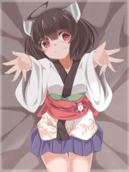 Rule 34 | 1girl, ahoge, ao (aoblueao), bed sheet, black hair, blue skirt, blush, closed mouth, eyes visible through hair, hair over one eye, headgear, highres, japanese clothes, jewelry, kimono, long sleeves, looking at viewer, lying, obi, on back, outstretched arms, pleated skirt, reaching, reaching towards viewer, red eyes, ring, sash, skirt, solo, touhoku kiritan, twintails, voiceroid, white kimono, wide sleeves