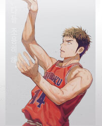 Rule 34 | 1boy, basketball jersey, basketball uniform, bishounen, black eyes, brown hair, grey background, korean text, looking at another, male focus, mitsui hisashi, og man, open mouth, red shorts, red tank top, sawakita eiji, shirt tucked in, short hair, shorts, slam dunk (series), solo, sportswear, sweat, tank top, toned, toned male, translated, upper body, very sweaty