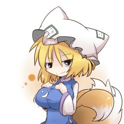 Rule 34 | 1girl, blonde hair, blue eyes, blush, breasts, dekasudachin, female focus, fox tail, hat, impossible clothes, large breasts, multiple tails, smug, solo, tail, touhou, yakumo ran