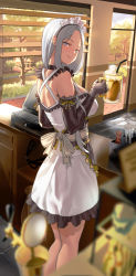 Rule 34 | 1girl, :q, absurdres, alcohol, back, bare shoulders, beer, beer mug, black choker, black gloves, blue eyes, blurry, blush, breasts, choker, counter, cup, day, depth of field, diner, dress, elbow gloves, frilled dress, frills, gloves, grey hair, highres, indoors, large breasts, lee0110, long hair, looking at viewer, looking back, maid, miracle snack shop, mug, no pupils, nose blush, philia salis, restaurant, sash, short dress, solo, sweatdrop, tongue, tongue out, white dress, window