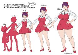 Rule 34 | 1girl, artist progress, bobobo, breasts, chart, comparison, curvy, dress, full body, gegege no kitarou, hair ribbon, hand on own hip, high heels, highres, huge breasts, large breasts, looking at viewer, medium breasts, nekomusume, pointy ears, purple hair, ribbon, standing, thick thighs, thighs, wide hips, yellow eyes