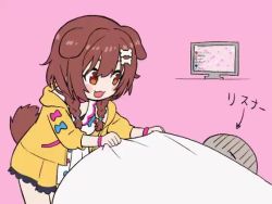 Rule 34 | 1girl, animal ears, animated, blanket, brown eyes, brown hair, buttons, commentary, dog ears, dog girl, dog tail, dress, hololive, inugami korone, inugami korone (1st costume), jacket, monitor, open mouth, pink background, sabaku chitai, simple background, sleeping, smile, solo focus, tail, video, virtual youtuber, waking another, white dress, yellow jacket