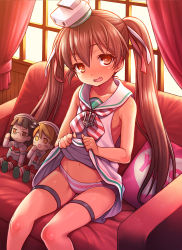 Rule 34 | 10s, 1girl, bare shoulders, blush, blush stickers, brown eyes, brown hair, character doll, clothes lift, couch, curtains, dark-skinned female, dark skin, dress, dress lift, fang, hair between eyes, hair ribbon, hat, kantai collection, libeccio (kancolle), lifting own clothes, littorio (kancolle), long hair, looking at viewer, navel, neckerchief, open mouth, panties, pillow, pink panties, ribbon, roma (kancolle), sailor collar, sailor dress, sitting, sleeveless, smile, solo, striped clothes, striped neckerchief, striped panties, thigh strap, twintails, underwear, uousa-ou, window, yes, yes-no pillow
