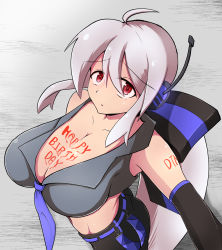 Rule 34 | 1girl, ahoge, bare shoulders, belt, black bow, black pants, black sleeves, body writing, bow, breasts, cleavage, commentary, crop top, detached sleeves, from above, furrowed brow, grey background, grey shirt, hair bow, happy birthday, headphones, headset, highres, ikuzonomiki12, large breasts, long hair, looking up, necktie, pants, parted lips, ponytail, purple necktie, red eyes, shirt, shoulder tattoo, sleeveless, sleeveless shirt, solo, striped, striped bow, tattoo, upper body, very long hair, vocaloid, white hair, yowane haku