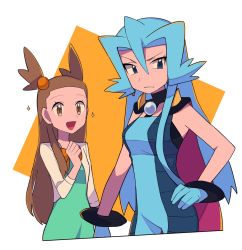 Rule 34 | 2girls, :d, alternate hairstyle, black choker, blue bodysuit, blue eyes, blue gloves, blue hair, blush, bodysuit, bow, bowtie, brown eyes, brown hair, choker, clair (pokemon), commentary request, creatures (company), dress, eyelashes, game freak, gloves, green dress, hair between eyes, hair bobbles, hair down, hair ornament, hand on own hip, highres, jacket, jasmine (pokemon), long hair, multiple girls, nintendo, open clothes, open jacket, open mouth, orange bow, orange bowtie, parted lips, pokemon, pokemon hgss, smile, sparkle, tongue, two side up, tyako 089, white jacket