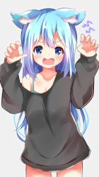 Rule 34 | 1girl, animal ears, black sweater, blue eyes, blue hair, claw pose, d:, fang, furrowed brow, gradient hair, light blue hair, long hair, long sleeves, multicolored hair, nagomi yayado, naked sweater, no pants, off shoulder, open mouth, original, roaring, solo, sweater, wolf ears