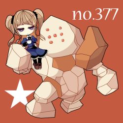 Rule 34 | 1girl, bad id, bad pixiv id, black gloves, black pantyhose, blonde hair, bow, brown background, carrying, creatures (company), cup, dress, frilled dress, frills, frown, game freak, gen 3 pokemon, gloves, golem, holding, jitome, legendary pokemon, light brown hair, long hair, ngayope, nintendo, pantyhose, plate, pokedex number, pokemon, pokemon (creature), puffy sleeves, purple eyes, regirock, ribbon, riding, riding pokemon, saucer, shoes, short sleeves, shoulder carry, simple background, sitting, skirt, star (symbol), teacup, twintails