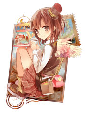 Rule 34 | 1girl, brown eyes, brown hair, brown skirt, coffee cup, cup, disposable cup, feathered wings, hat, highres, holding, holding cup, looking at viewer, matching hair/eyes, mini hat, nagata ozu, pleated skirt, short hair, simple background, skirt, smile, solo, white background, wings, yukico-tan, yukijirushi