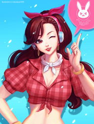 Rule 34 | 1girl, aqua background, artist name, bangle, blue background, bracelet, breasts, brown eyes, brown hair, buttons, character name, cleavage, collarbone, collared shirt, cruiser d.va, d.va (overwatch), david pan, earrings, emblem, front-tie top, gradient background, grey choker, hair down, hand on own hip, head scarf, headphones, hoop earrings, index finger raised, jewelry, long hair, looking at viewer, medium breasts, midriff, nail polish, official alternate costume, one eye closed, overwatch, overwatch 1, parted lips, plaid, plaid shirt, puffy short sleeves, puffy sleeves, red lips, red shirt, revision, shadow, shirt, short sleeves, smile, solo, speech bubble, upper body