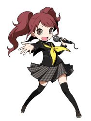 Rule 34 | 1girl, black thighhighs, brown eyes, brown hair, earrings, highres, houndstooth, jewelry, kujikawa rise, microphone, official art, persona, persona 4, persona q2: new cinema labyrinth, persona q (series), school uniform, serafuku, solo, thighhighs, turtleneck, twintails, yasogami school uniform