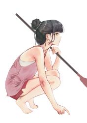 Rule 34 | absurdres, barefoot, black hair, broom, feet, flat chest, hair wrap, highres, kimi (hearty yuuki), looking , original, practice, shorts, squatting, study, white background, yellow eyes