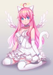 Rule 34 | 1girl, ahoge, angel wings, animal ears, blue eyes, bracelet, breasts, cat ears, cat tail, chestnut mouth, choker, cleavage, dress, elbow gloves, fiodo, gloves, halo, highres, jewelry, long hair, looking at viewer, original, pink hair, ribbon choker, sitting, sleeveless, sleeveless dress, solo, tail, thighhighs, thighs, very long hair, wariza, white dress, white gloves, white thighhighs, wings, xiao me, zettai ryouiki