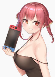 Rule 34 | 1girl, :d, absurdres, blush, breasts, brown eyes, camisole, cleavage, collarbone, deko isu, from side, grin, hair ribbon, heterochromia, highres, holding, hololive, houshou marine, large breasts, looking at viewer, looking to the side, nintendo switch, open mouth, red eyes, red hair, red ribbon, ribbon, short hair, short twintails, smile, solo, spaghetti strap, strap gap, strap slip, teeth, twintails, upper body, virtual youtuber