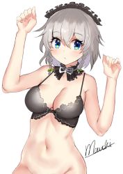 Rule 34 | 1girl, arm up, bare arms, bare shoulders, black bra, blue eyes, blush, bow, bra, braid, breasts, commentary request, cowboy shot, detached collar, green bow, groin, hair between eyes, hair bow, hand up, highres, izayoi sakuya, looking at viewer, maid headdress, medium breasts, moruchi (rinaka moruchi), navel, neck ribbon, out-of-frame censoring, ribbon, short hair, silver hair, simple background, solo, stomach, touhou, twin braids, underwear, white background, white ribbon