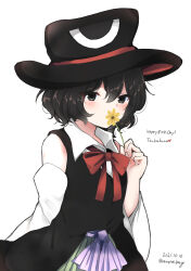 Rule 34 | 1other, absurdres, androgynous, artist name, black coat, black eyes, black hair, black hat, blush, coat, collared shirt, commentary request, cowboy shot, dated, detached sleeves, english text, enraku tsubakura, flower, flower over mouth, green hakama, hair between eyes, hakama, hakama skirt, happy birthday, hat, highres, holding, holding flower, japanese clothes, len&#039;en, long sleeves, neck ribbon, ougi hina, red ribbon, ribbon, shirt, short hair, simple background, skirt, sleeveless, sleeveless coat, sleeveless shirt, solo, two-sided fabric, two-sided headwear, white background, white shirt, white sleeves, wide sleeves