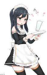 Rule 34 | 10s, 1girl, alternate costume, alternate eye color, apron, asashio (kancolle), bad id, bad pixiv id, bare shoulders, black hair, detached sleeves, plate, dress, enmaided, green eyes, highres, kantai collection, long hair, maid, maid apron, maid headdress, mitsudoue, solo, thighhighs, water