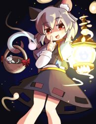Rule 34 | 1girl, :d, animal ear fluff, animal ears, basket, black skirt, black vest, capelet, dark background, dokuta, feet out of frame, finger to mouth, gold trim, grey hair, hand up, highres, hitodama, holding, holding lantern, knees together feet apart, lantern, light, light blush, looking at viewer, mouse (animal), mouse ears, mouse tail, nazrin, open mouth, petite, prehensile tail, red eyes, short hair, simple background, skirt, skirt cutout, skirt set, smile, solo, tail, touhou, vest