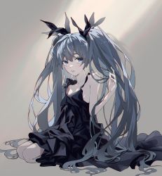 Rule 34 | 1girl, absurdly long hair, absurdres, amugae, bare arms, black bow, black dress, blue eyes, bow, collarbone, dress, grey background, grey hair, hair between eyes, hair bow, hatsune miku, highres, long hair, looking at viewer, parted lips, shinkai shoujo (vocaloid), sitting, sleeveless, sleeveless dress, solo, twintails, very long hair, vocaloid