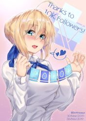 Rule 34 | 1girl, ahoge, alternate breast size, artoria pendragon (all), artoria pendragon (fate), blonde hair, blue ribbon, blush, braid, breasts, collared shirt, dress shirt, fate/stay night, fate (series), french braid, gradient background, green eyes, hair between eyes, hair bun, hair ribbon, heart, highres, hirasawa seiji, large breasts, long hair, long sleeves, looking at viewer, neck ribbon, open mouth, pink background, ribbon, saber (fate), shirt, single hair bun, smile, solo, spoken heart, white shirt